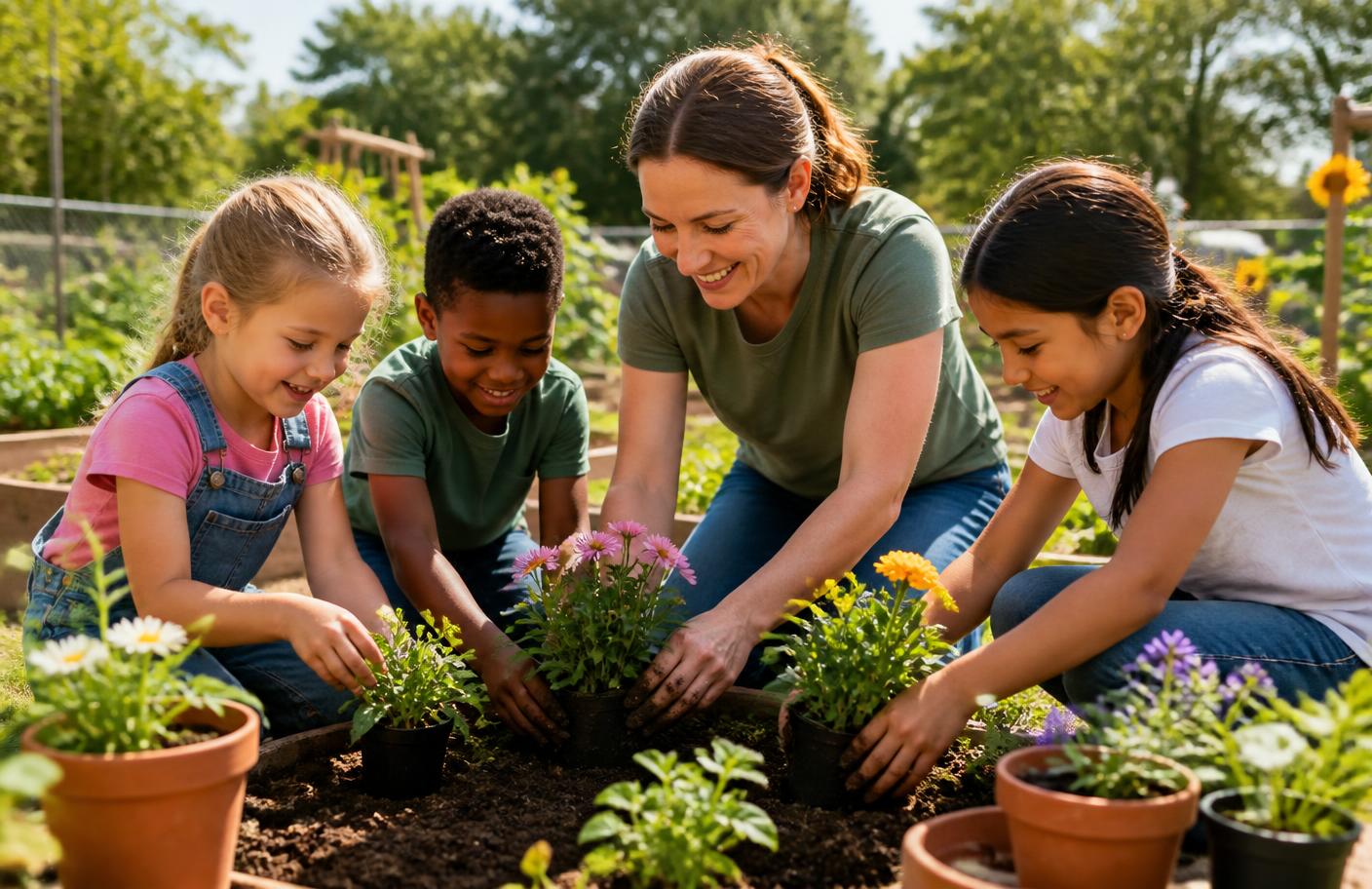 A group of children planting seedlings together in a community garden