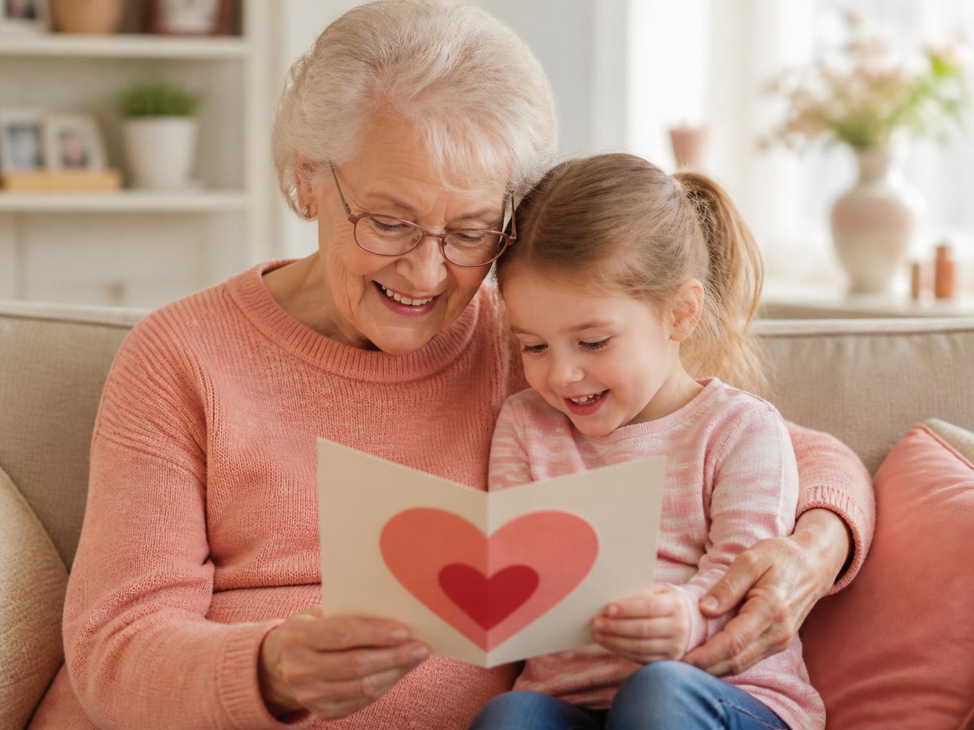 A grandparent and grandchild smiling together while holding a hand-made kindness card